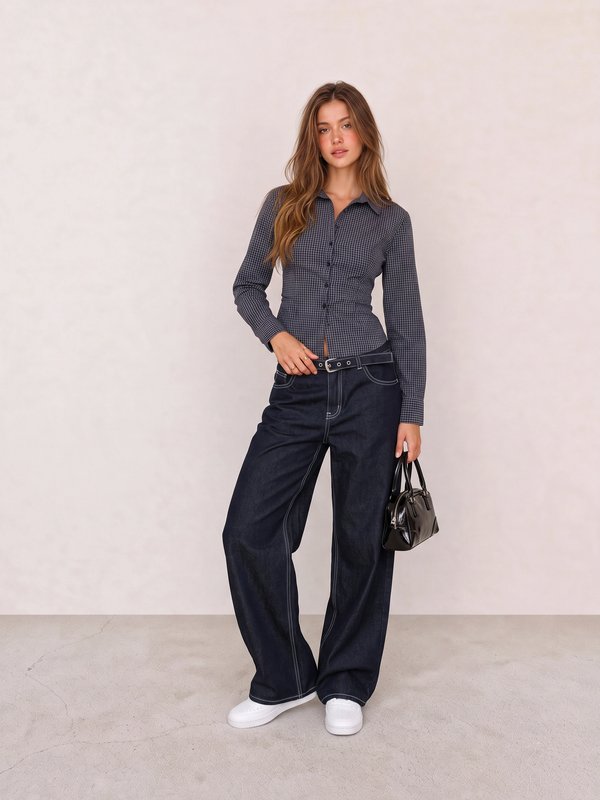 Charcoal Shirt and Wide-Leg Jeans Campus Outfit