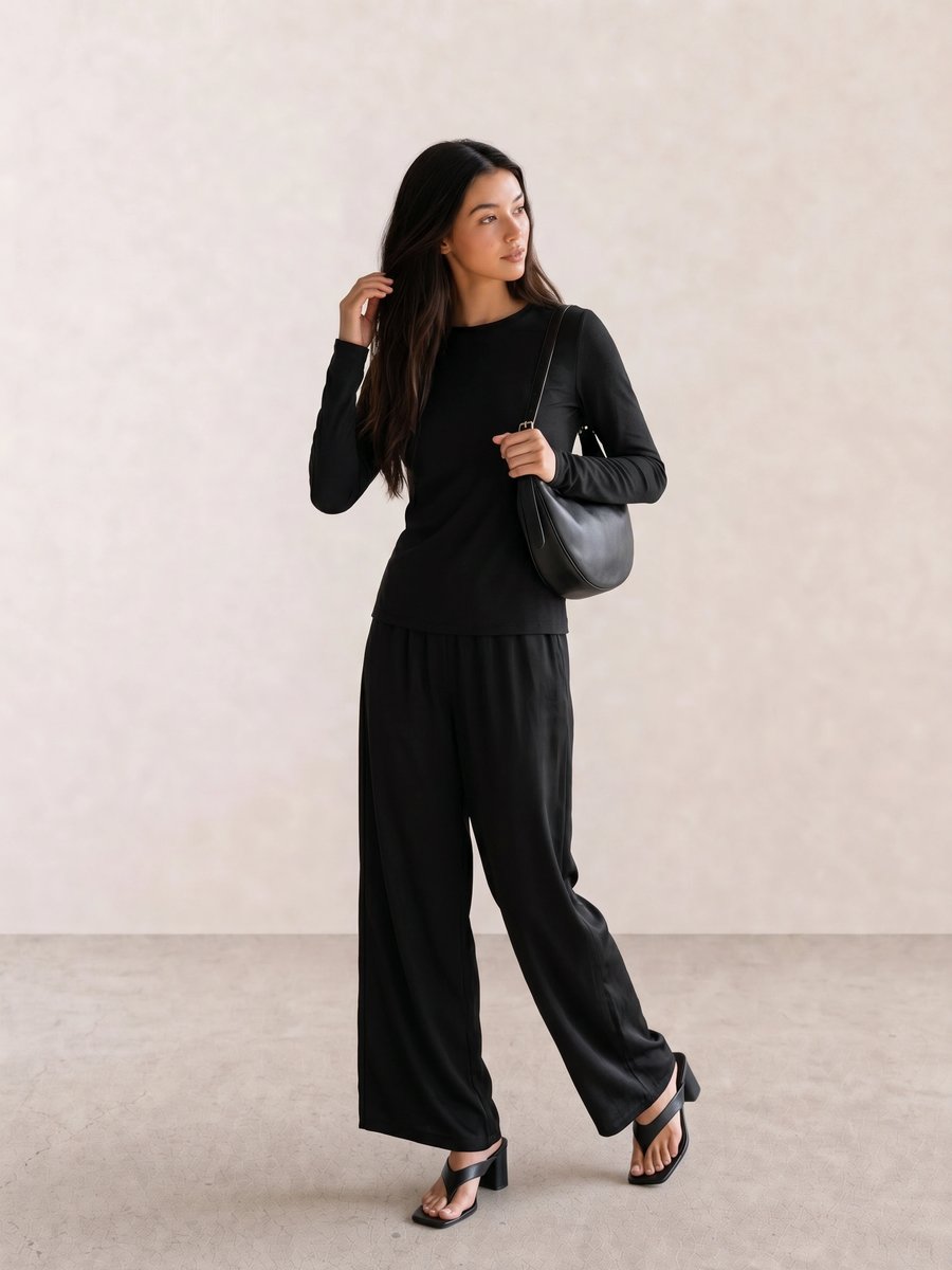 All-black outfit with a long-sleeve tee, satin wide-leg pants, crescent shoulder bag, and thong heels