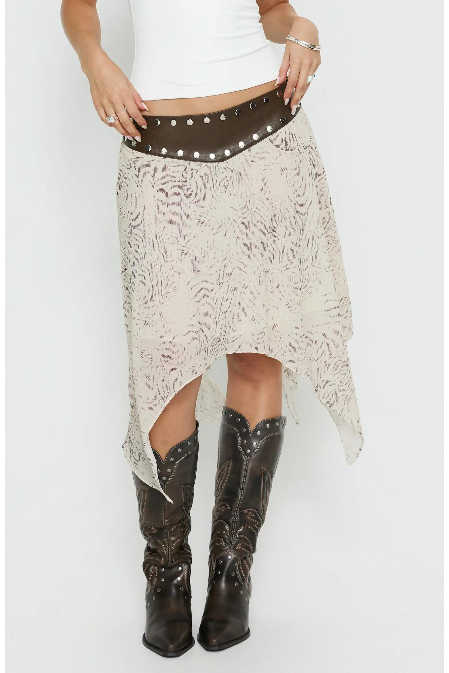 Asymmetric Printed Midi Skirt