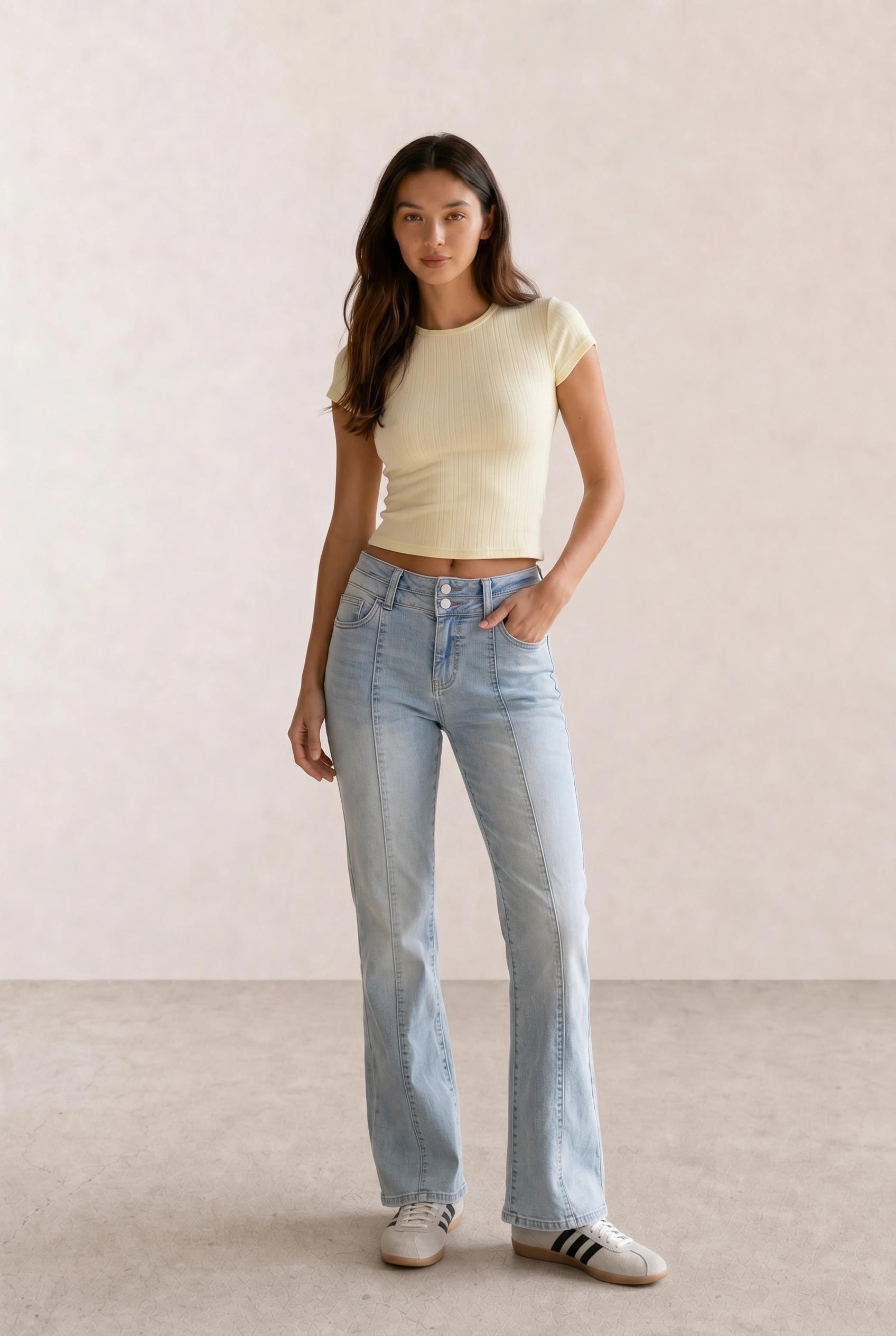 Pale Yellow Ribbed Tee & Light Wash Flare Jeans