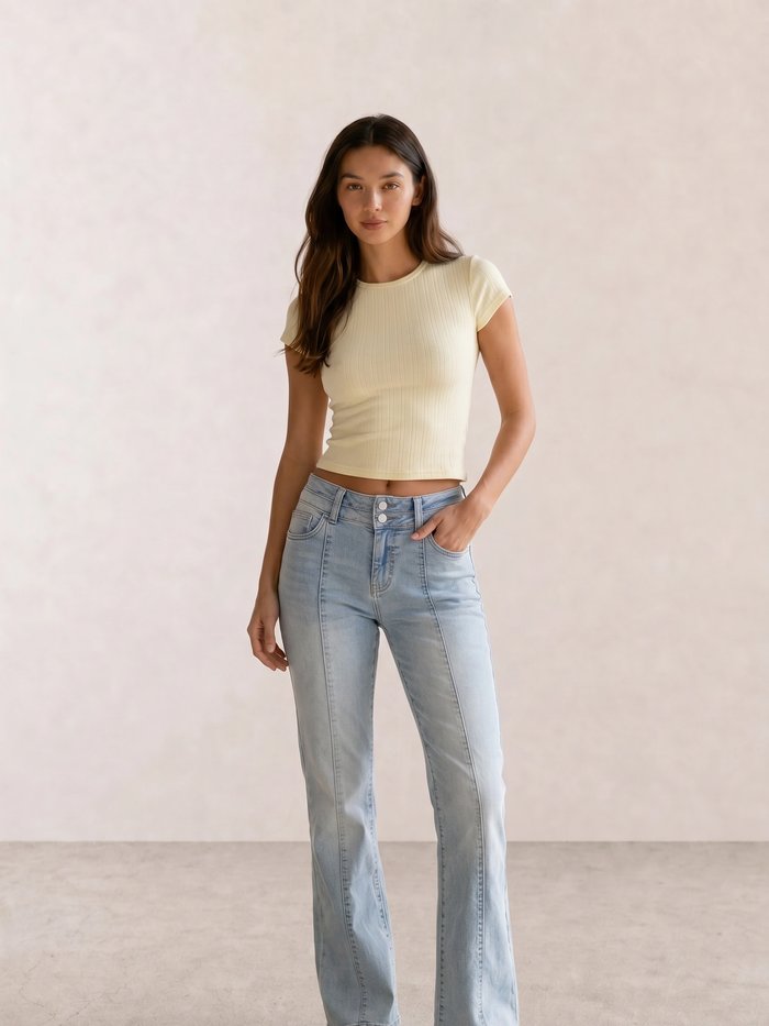 Pale Yellow Ribbed Tee & Light Wash Flare Jeans