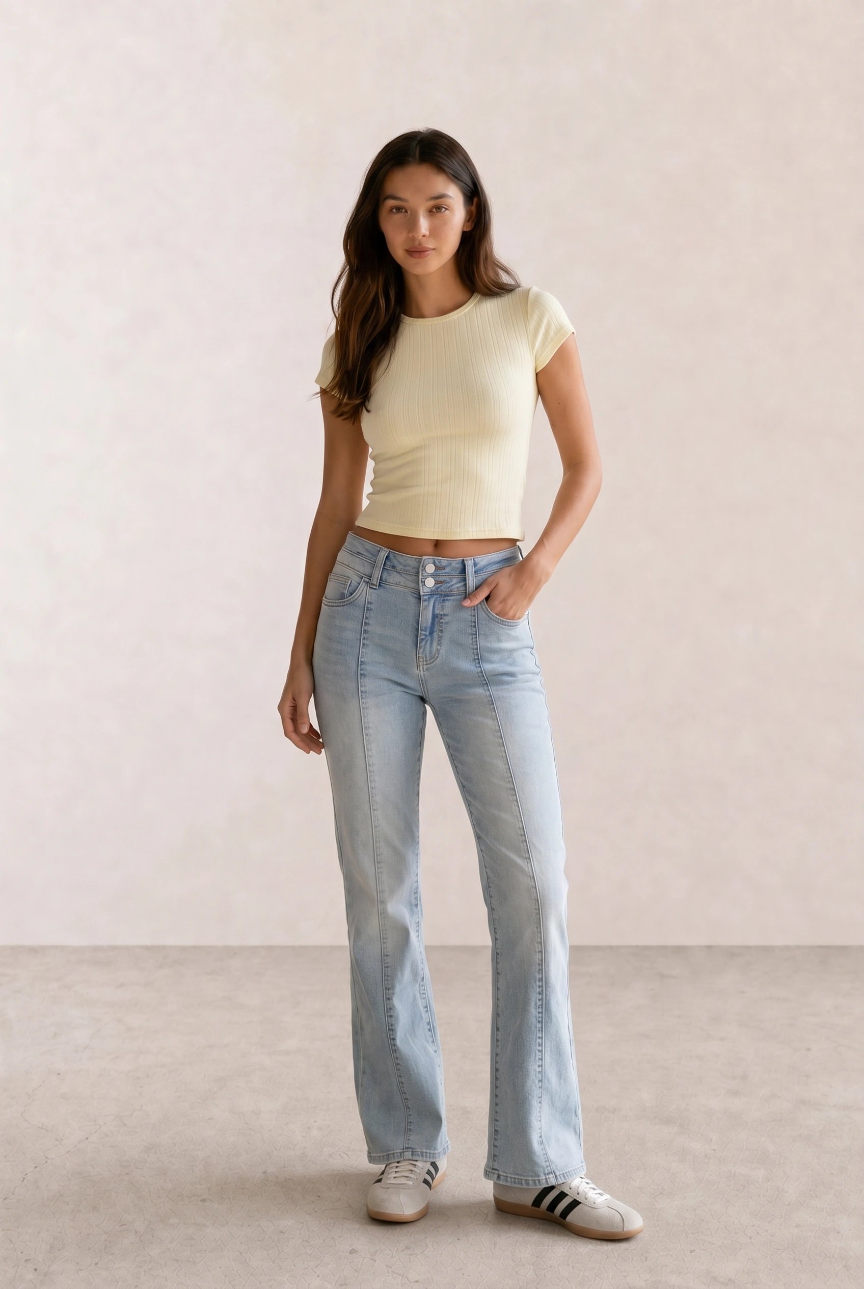 Pale Yellow Ribbed Tee & Light Wash Flare Jeans