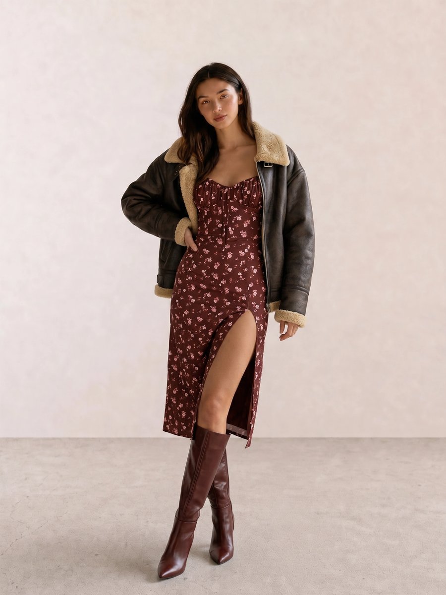 Autumn date-night outfit with a burgundy floral midi dress, shearling jacket, tote bag, and brown knee-high boots