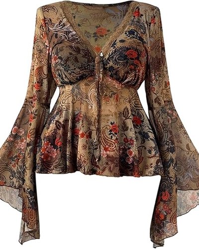 Paisley Bell Sleeve Tie-Front Top