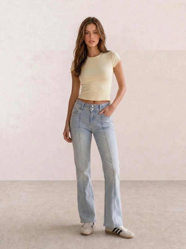 Pale Yellow Ribbed Tee & Light Wash Flare Jeans