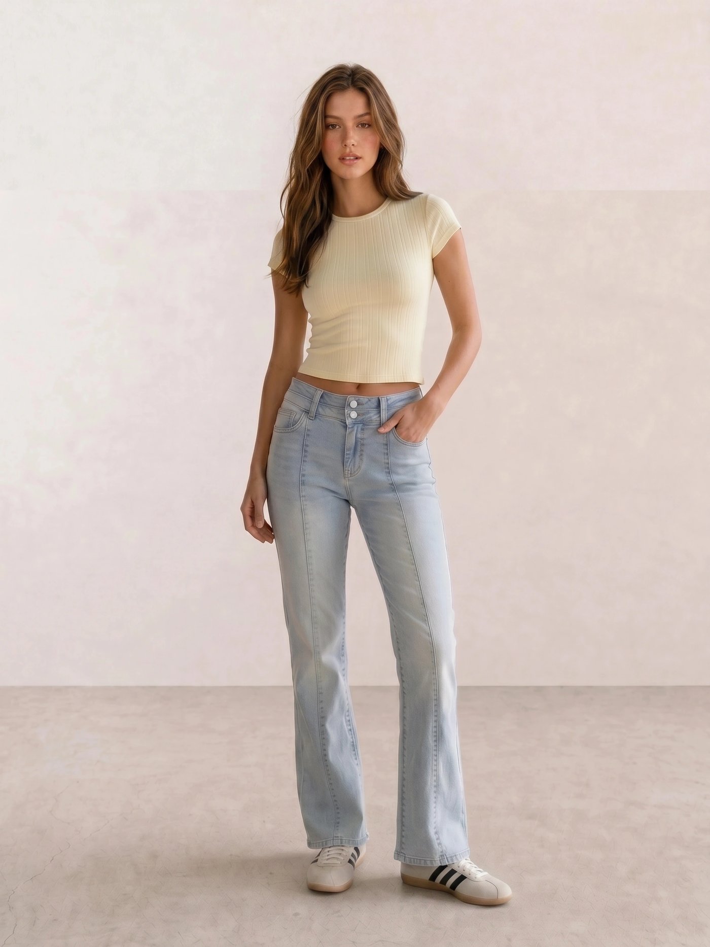Pale Yellow Ribbed Tee & Light Wash Flare Jeans