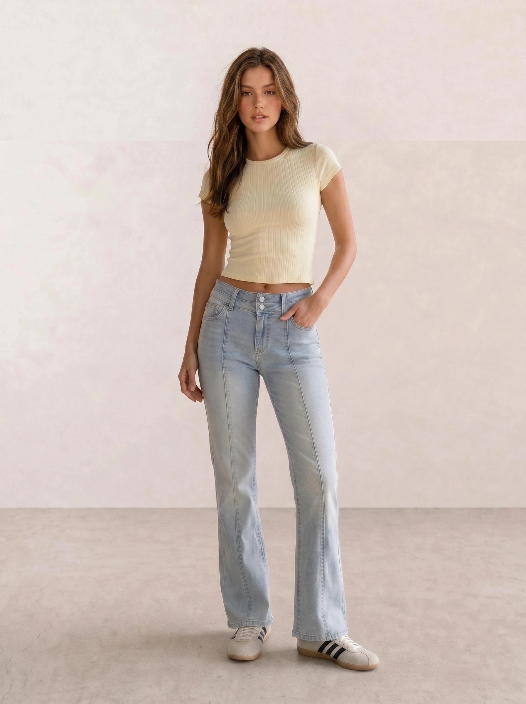 Pale Yellow Ribbed Tee & Light Wash Flare Jeans