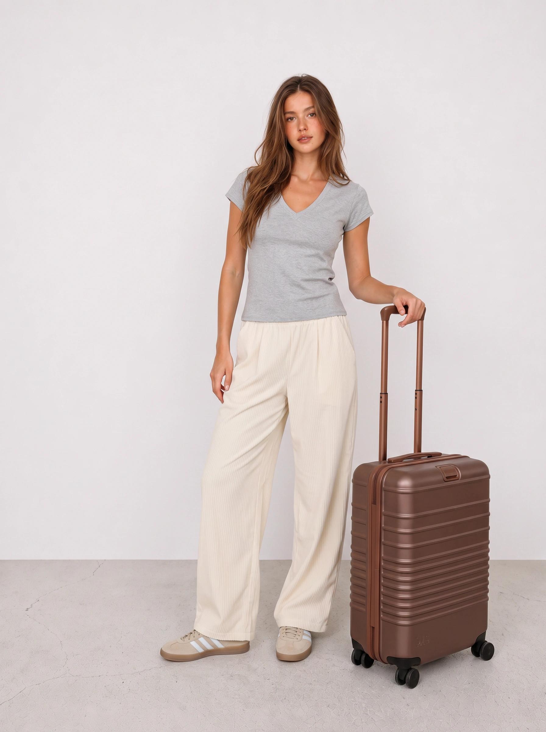 Grey V-Neck Tee and Cream Travel Pants Outfit