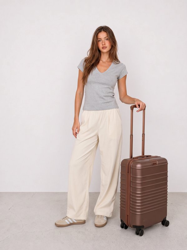Grey V-Neck Tee and Cream Travel Pants Outfit