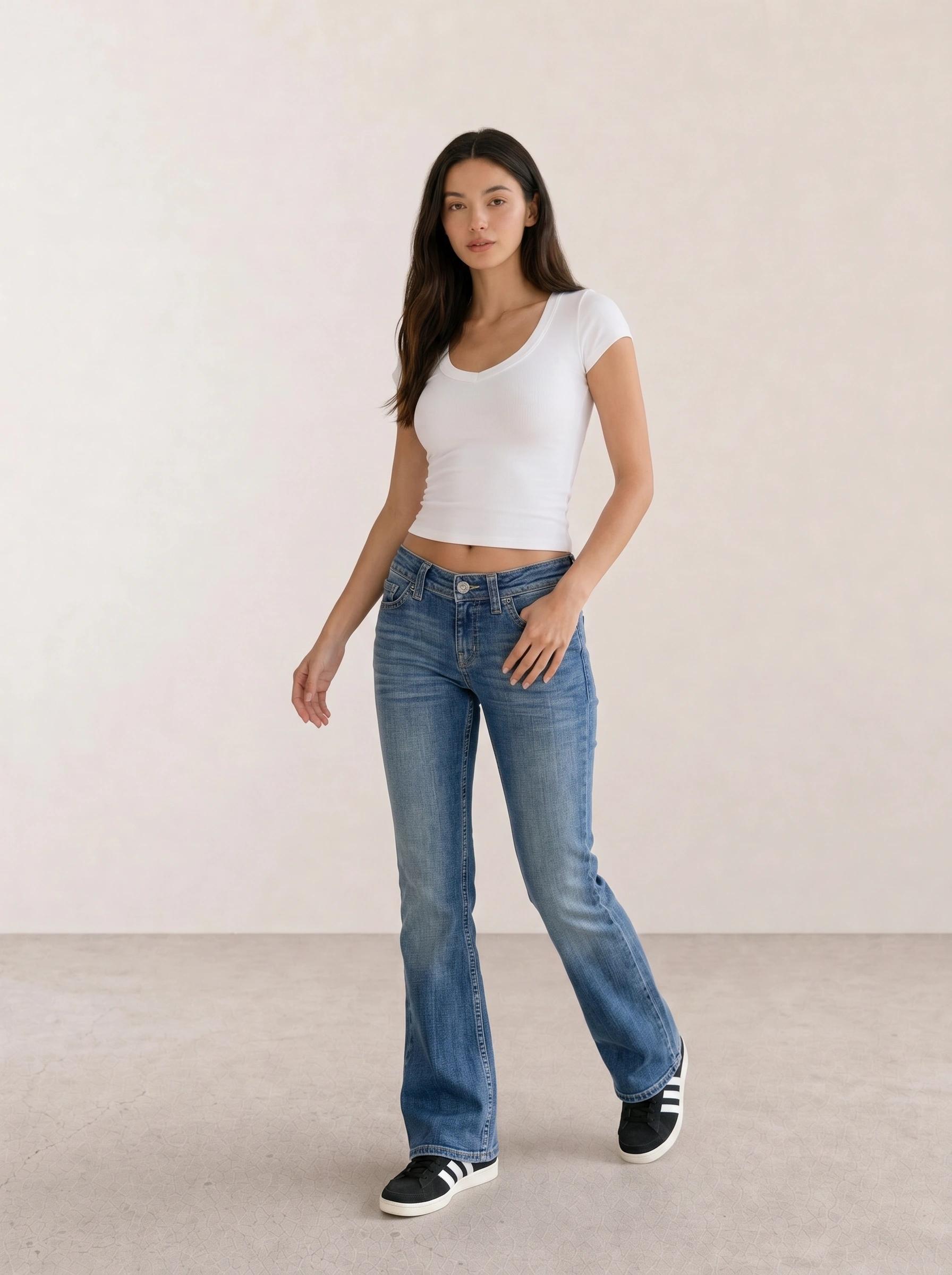 White V-Neck Tee & Blue Bootcut Jeans
