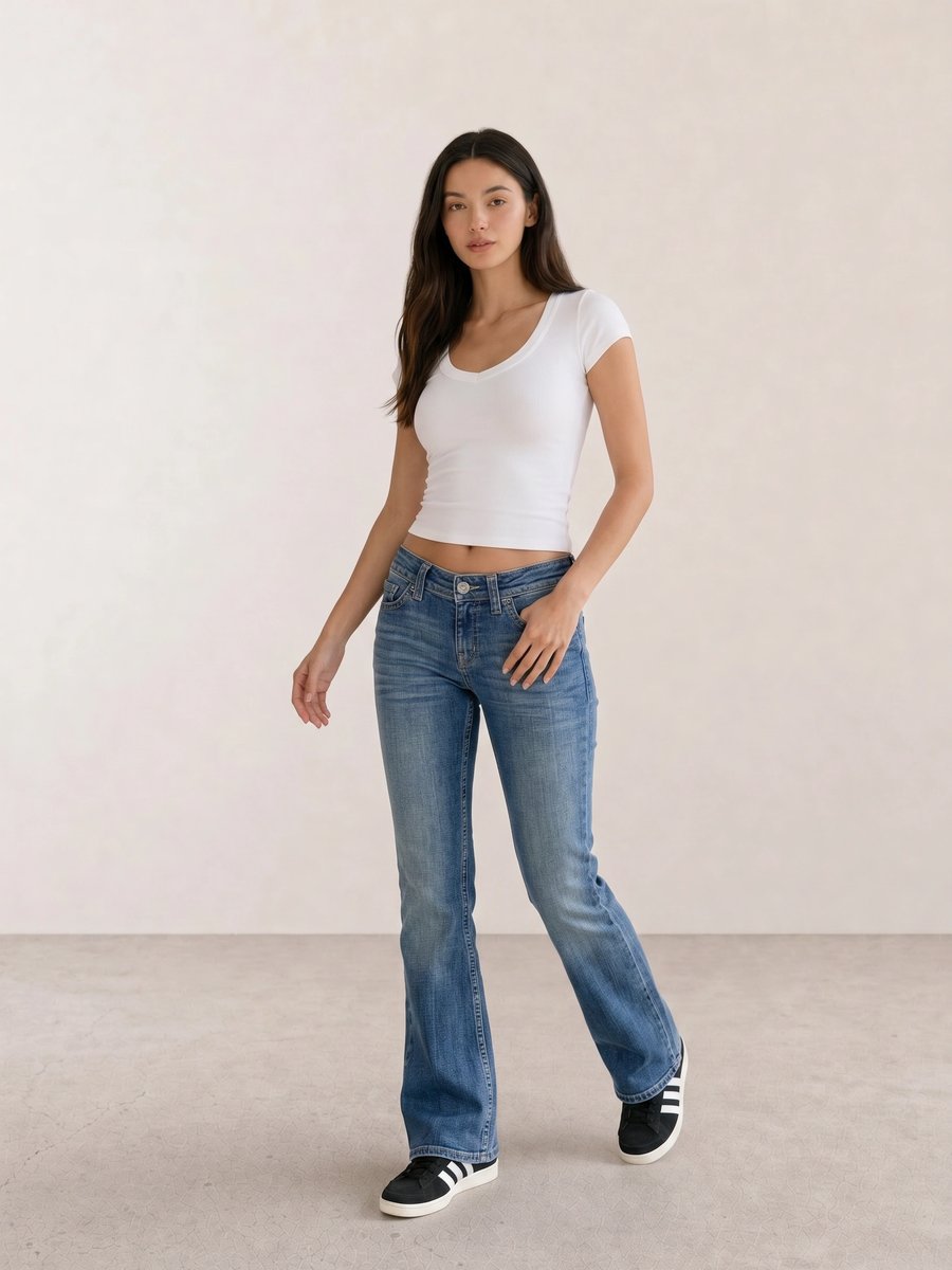Basic casual outfit with a white V-neck tee, blue bootcut jeans, and black Adidas Campus sneakers