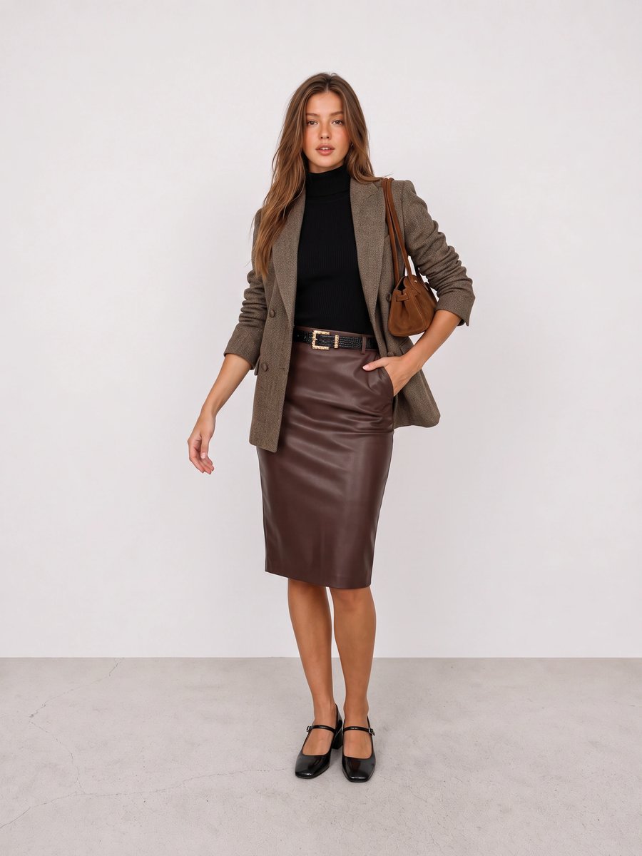 Woman wearing a brown blazer, black top, brown leather pencil skirt, and black Mary Jane heels