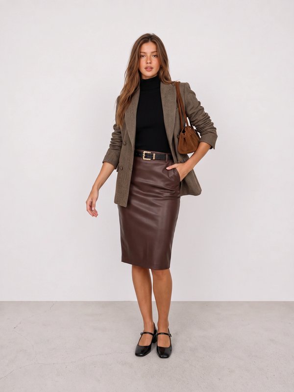 Brown Blazer and Leather Pencil Skirt Office Outfit