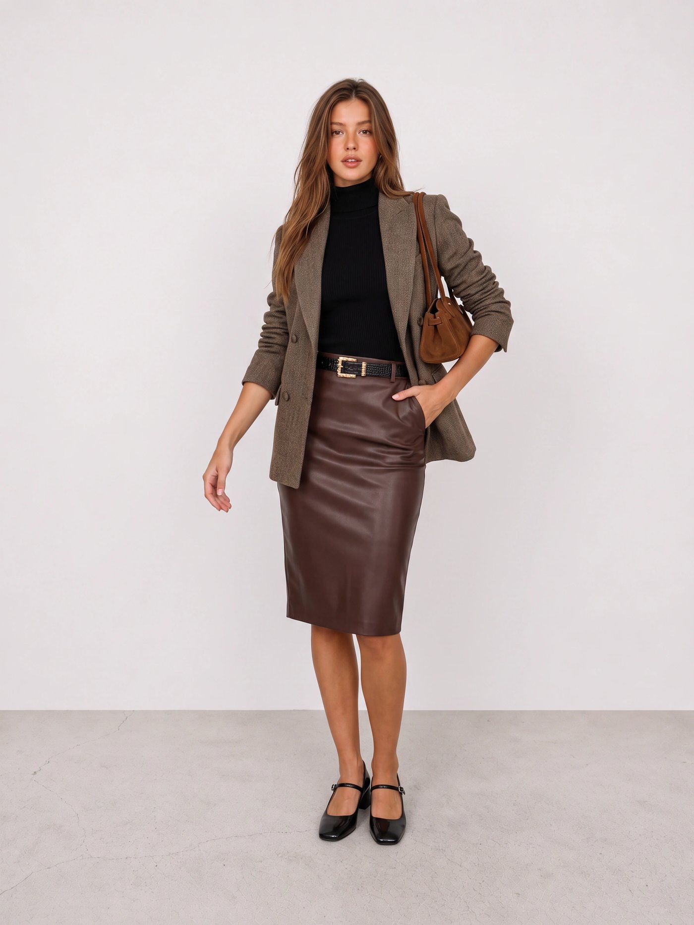 Brauner Blazer und Leder-Bleistiftrock Büro-Outfit