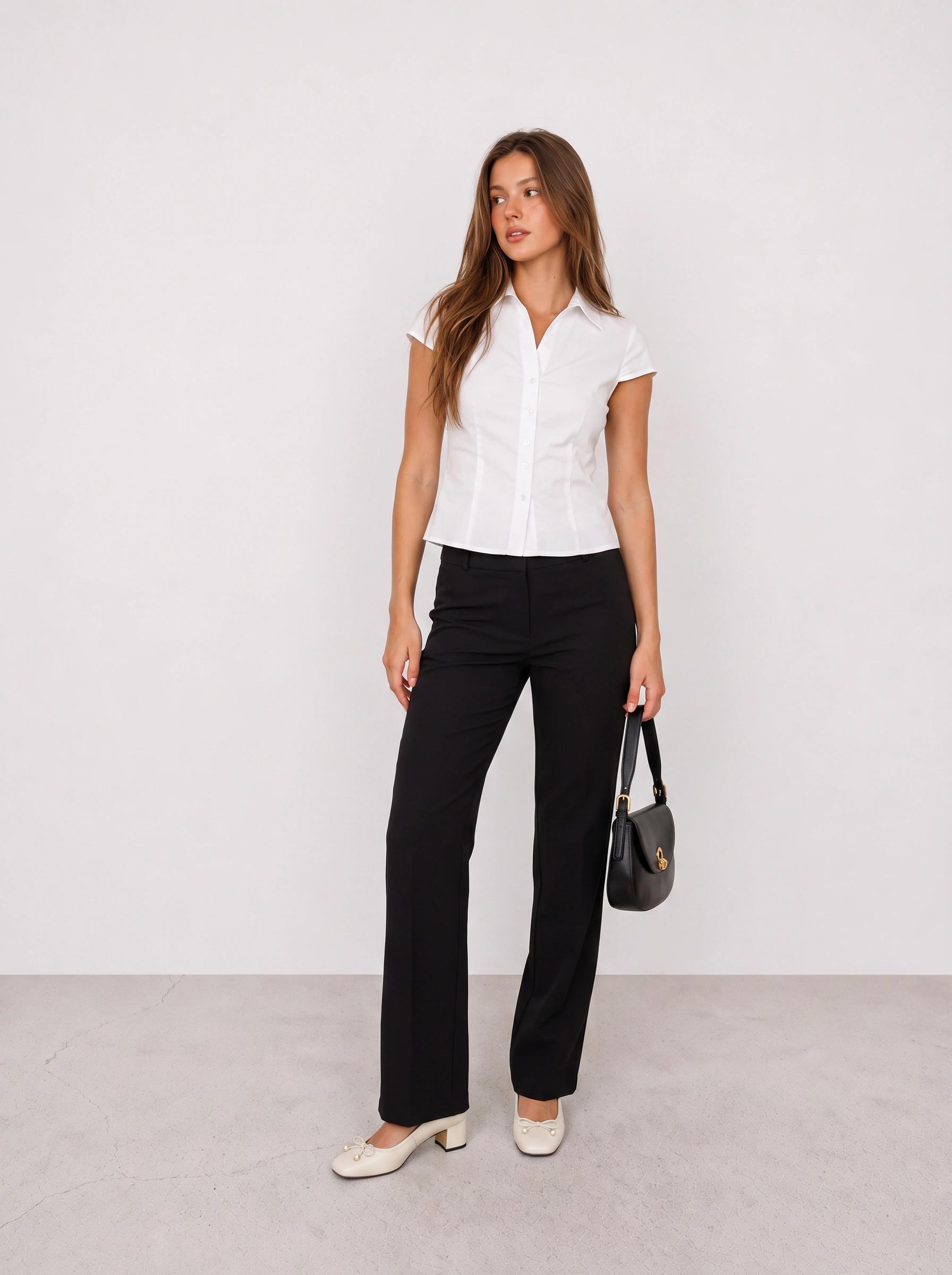 Weiße Fitted-Bluse und schwarze Hose Büro-Outfit