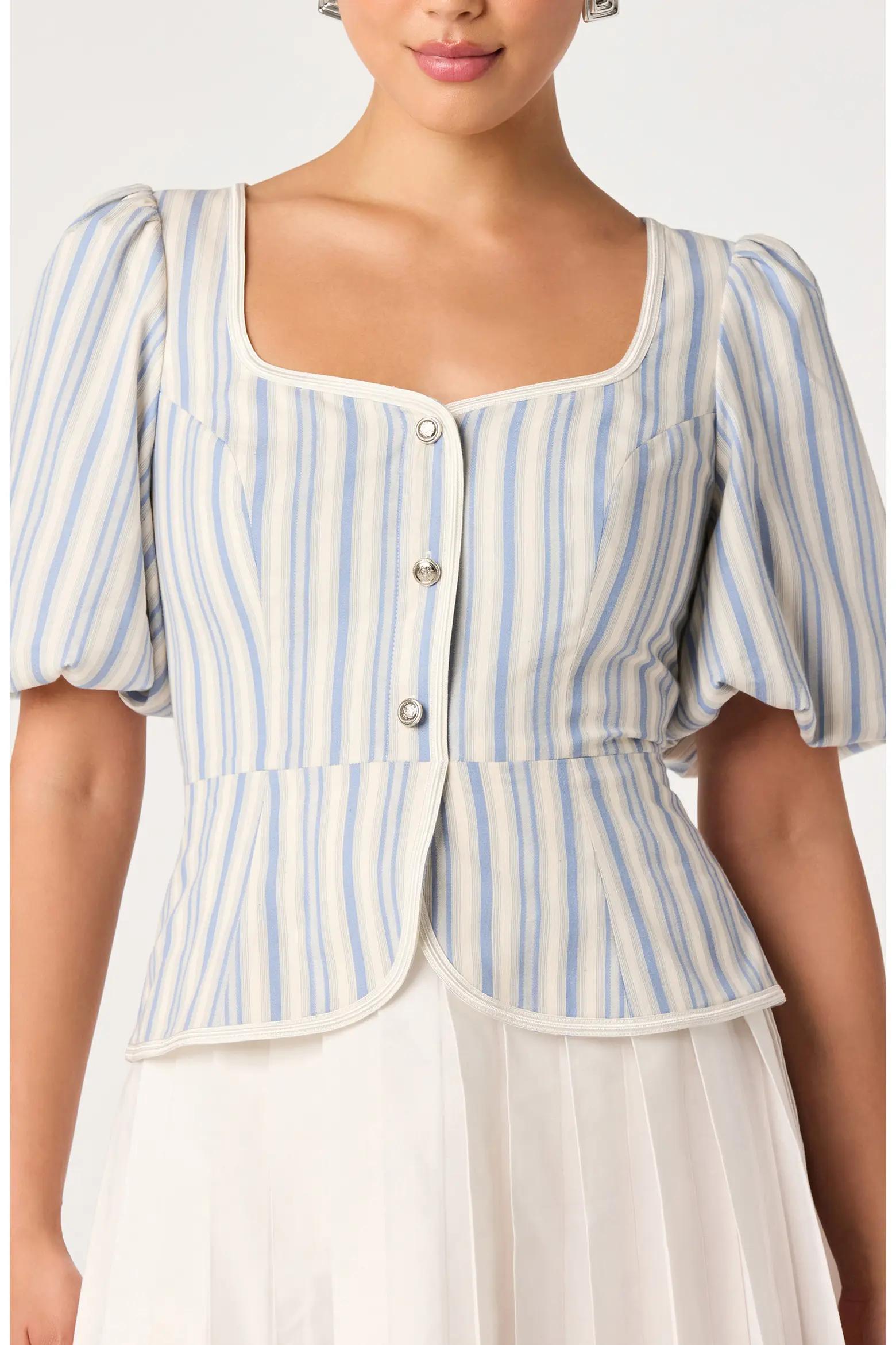 Blue Striped Puff-Sleeve Peplum Blouse