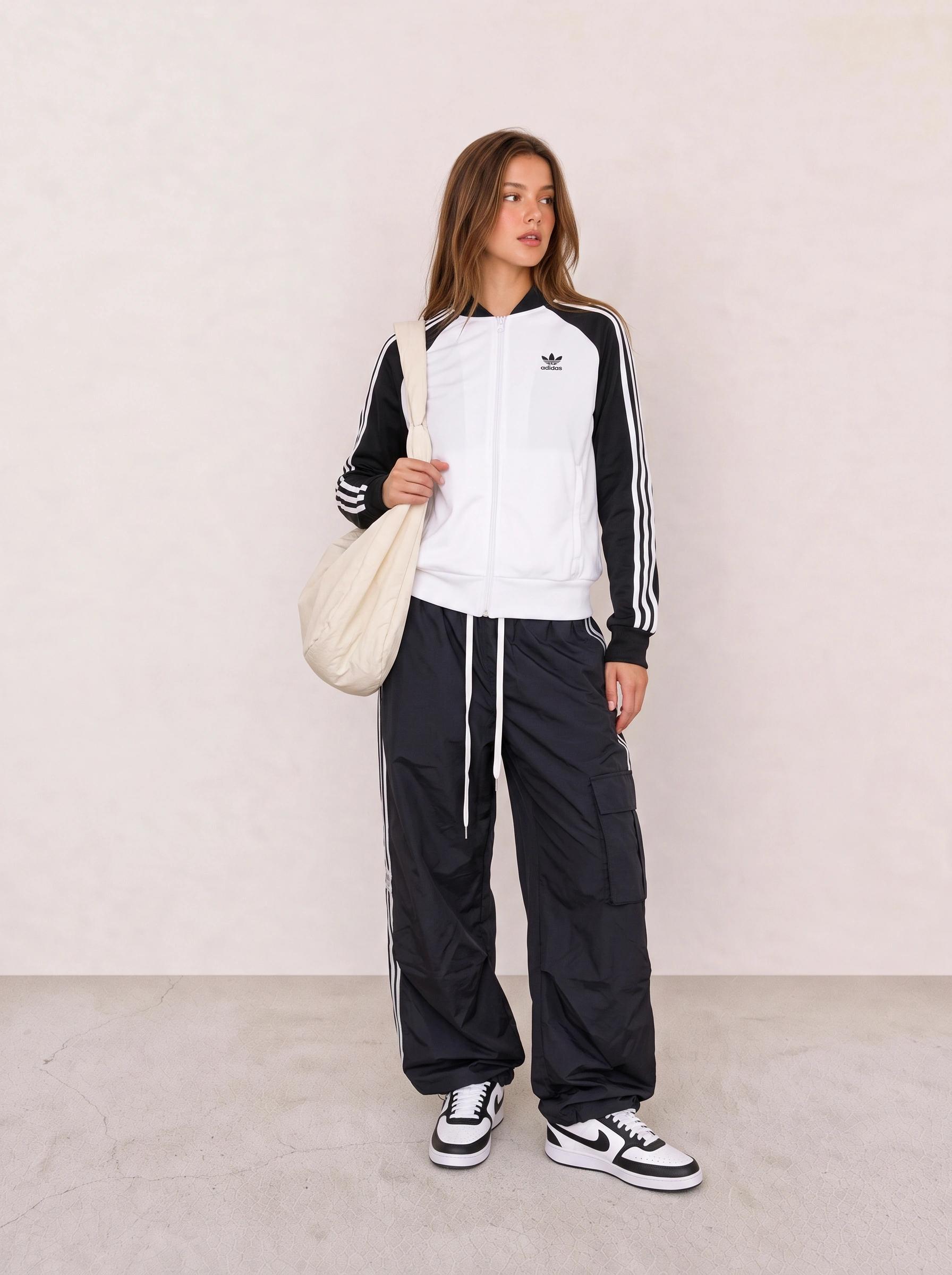 White Track Jacket and Black Cargo Pants Outfit