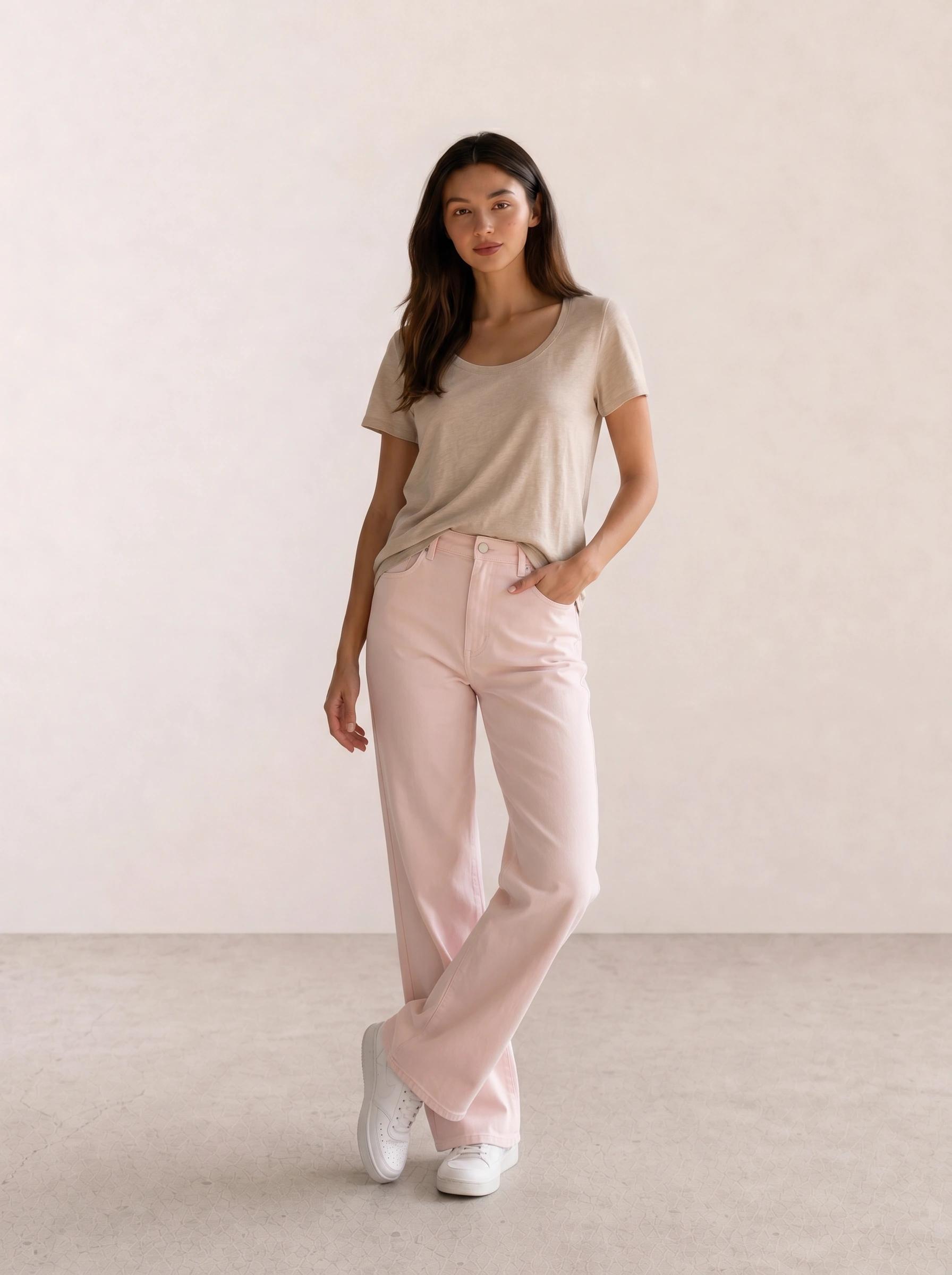 Oatmeal Scoop Tee & Pale Pink Wide-Leg Jeans