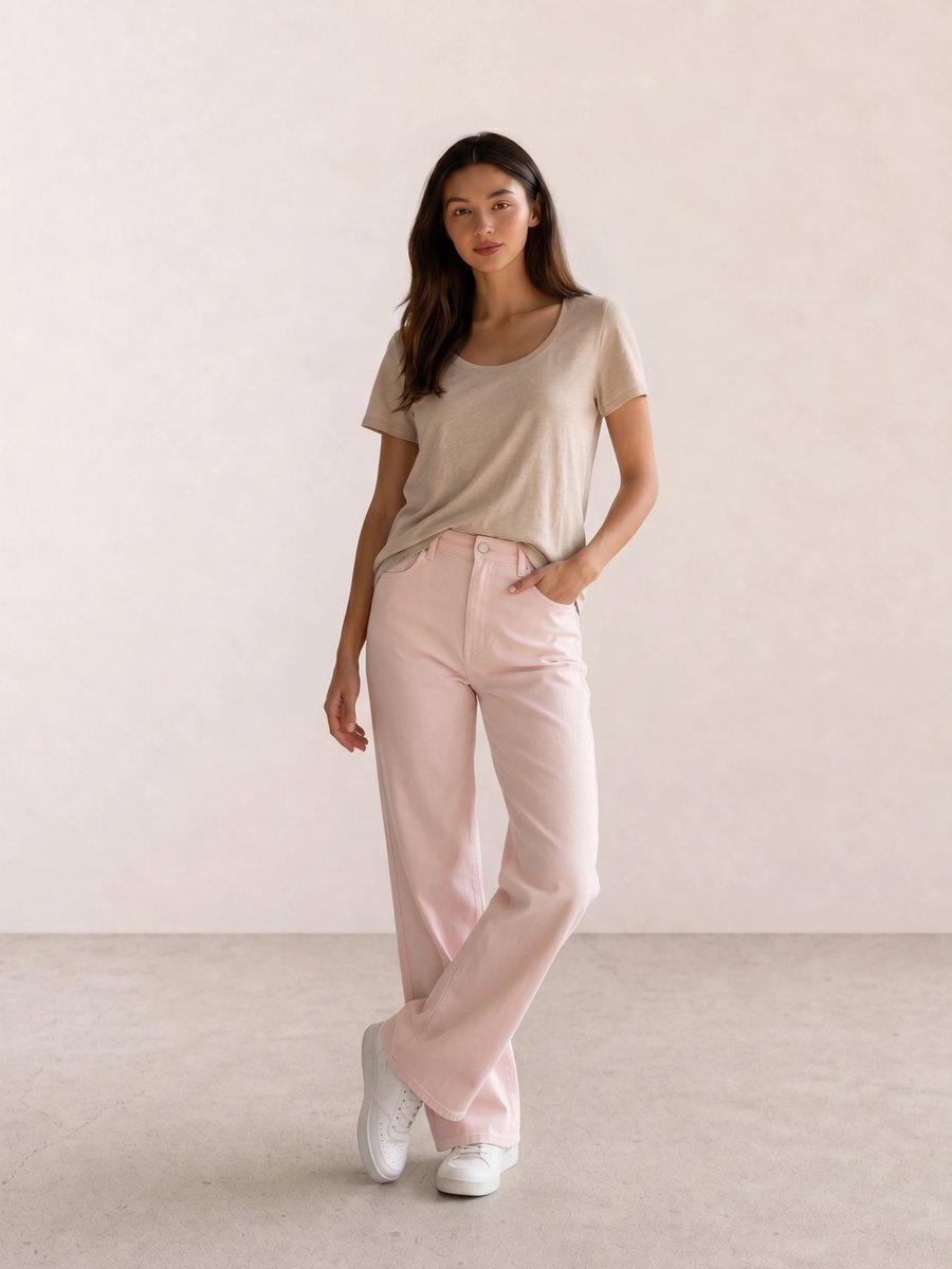 Basic casual outfit with an oatmeal scoop tee, pale pink wide-leg jeans, and white Nike sneakers