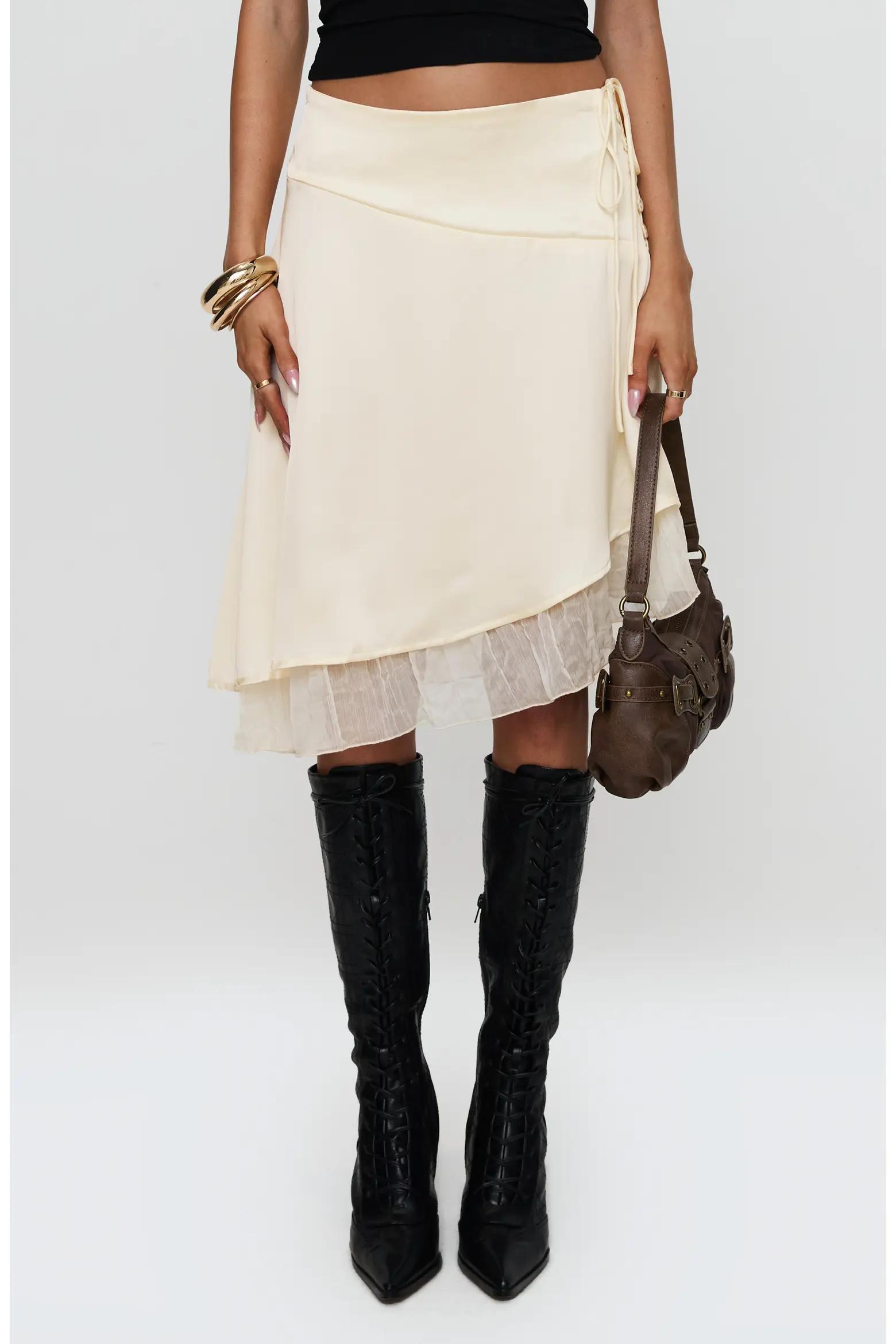 Ivory Layered Wrap Midi Skirt