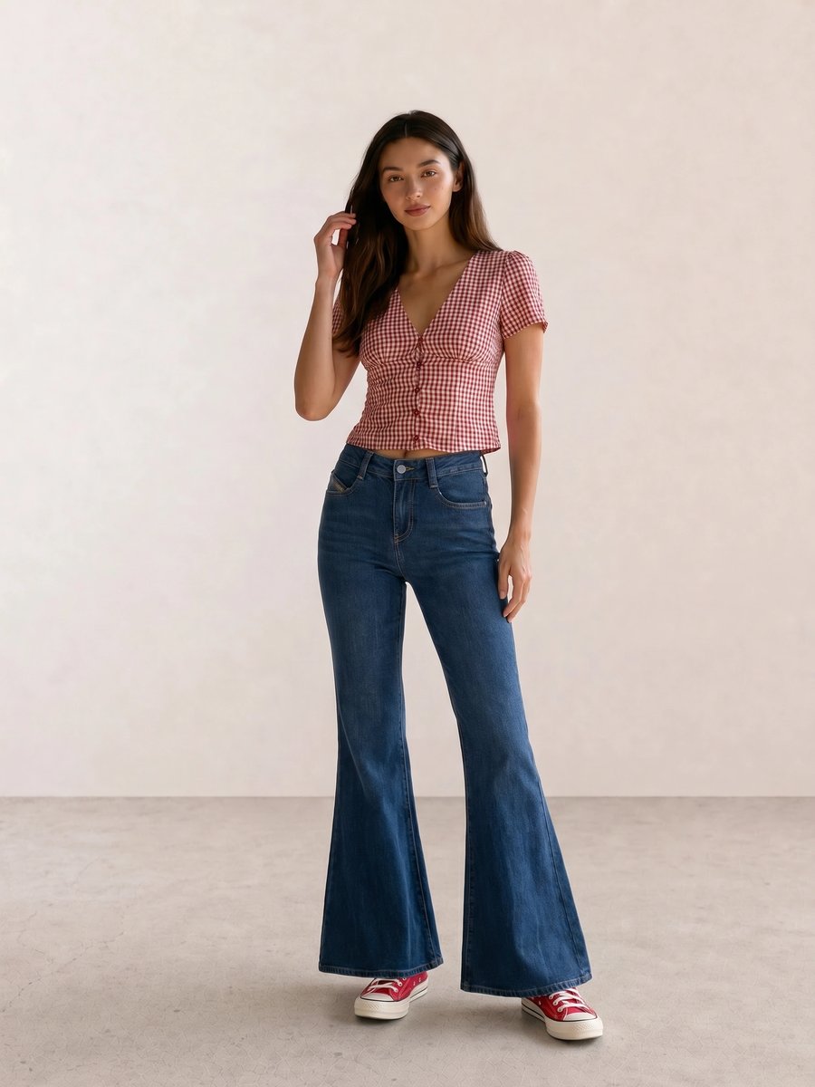 vintage, retro, gingham, summer, picnic, red, flare jean