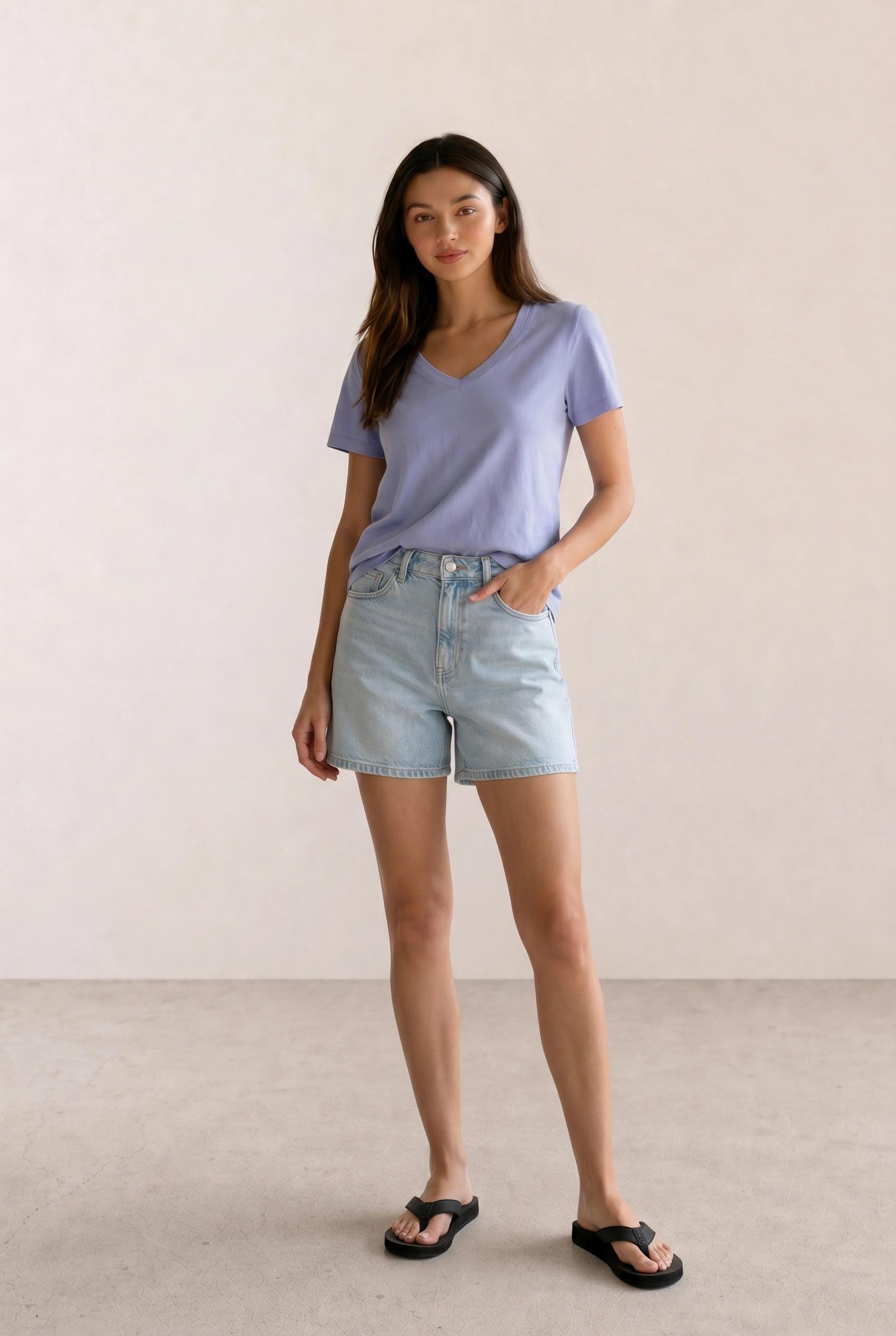 Periwinkle V-Neck Tee & Light Wash Denim Shorts