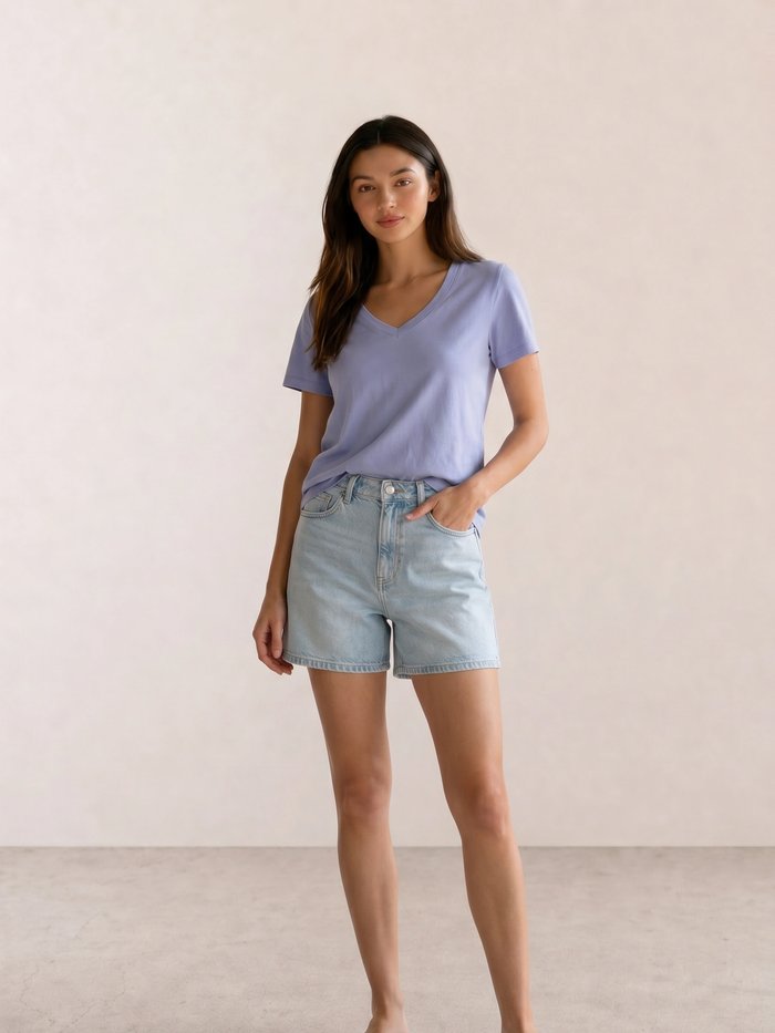 Periwinkle V-Neck Tee & Light Wash Denim Shorts