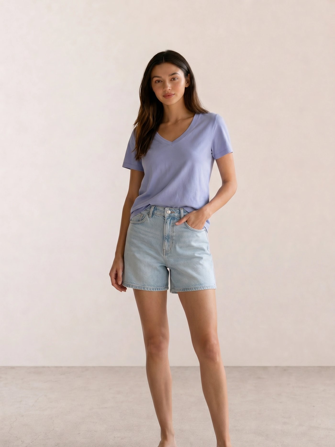 Periwinkle V-Neck Tee & Light Wash Denim Shorts
