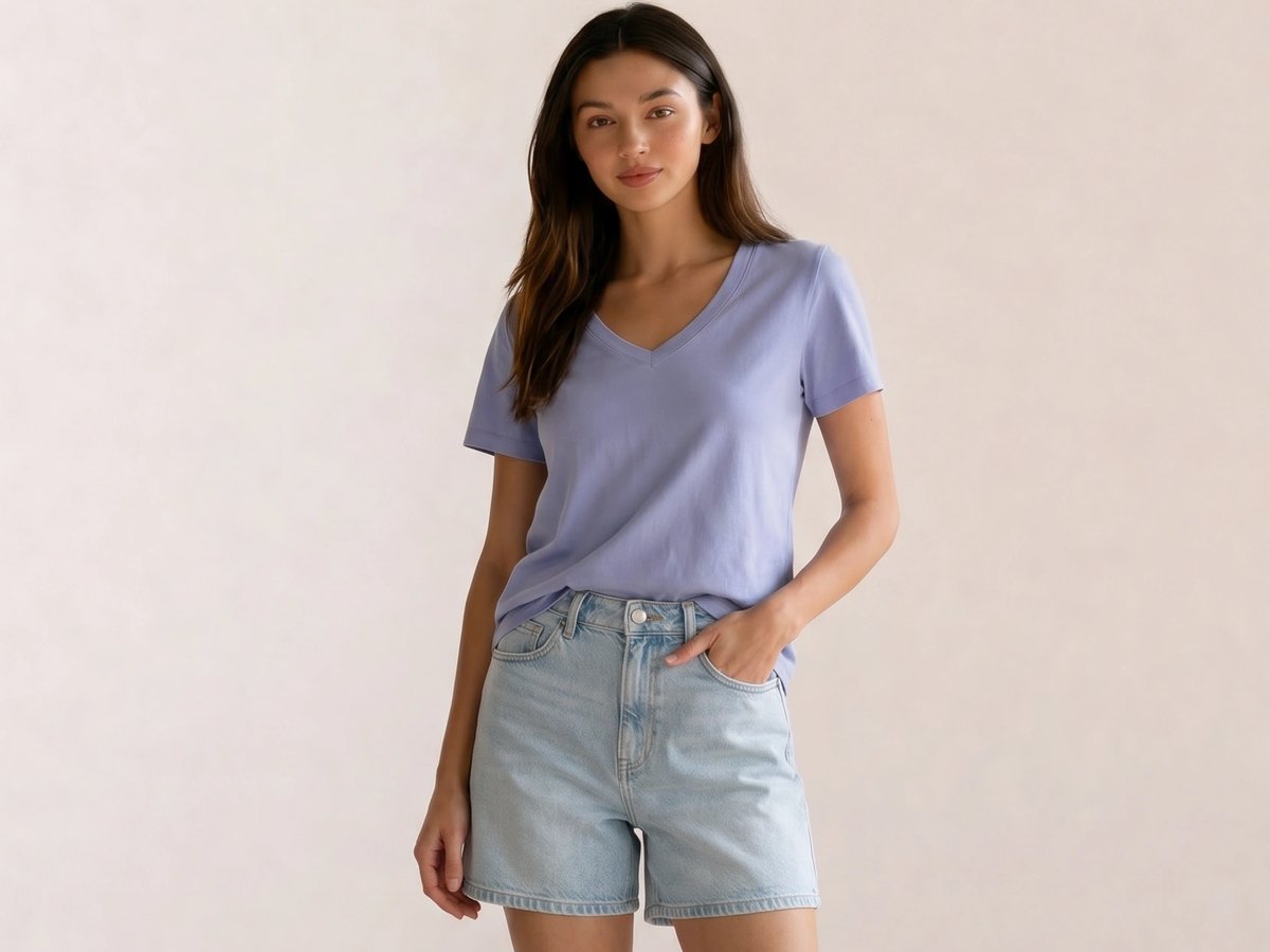 Periwinkle V-Neck Tee & Light Wash Denim Shorts
