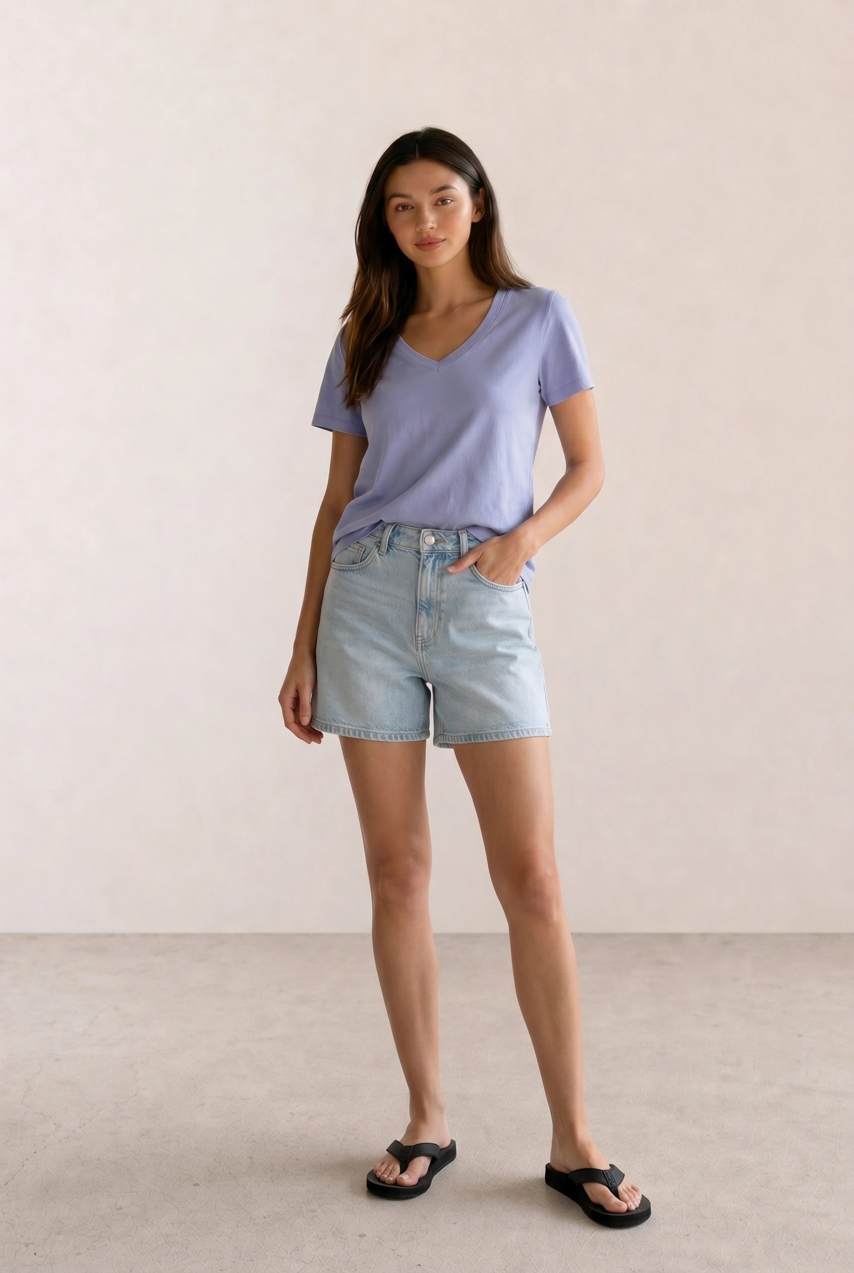 Periwinkle V-Neck Tee & Light Wash Denim Shorts