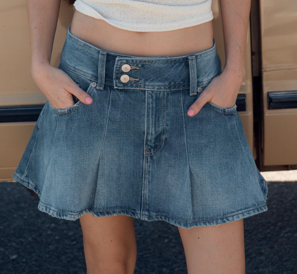 Light Wash Denim Pleated Mini Skirt