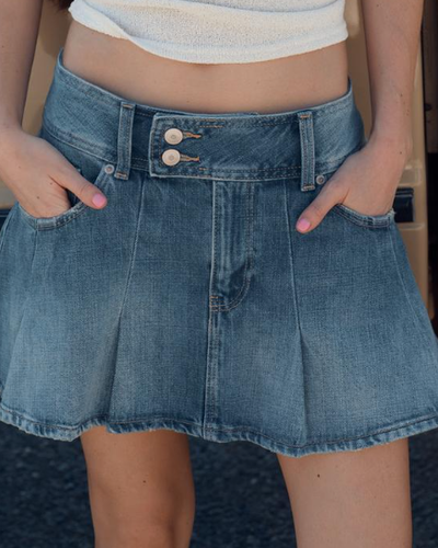 Light Wash Denim Pleated Mini Skirt