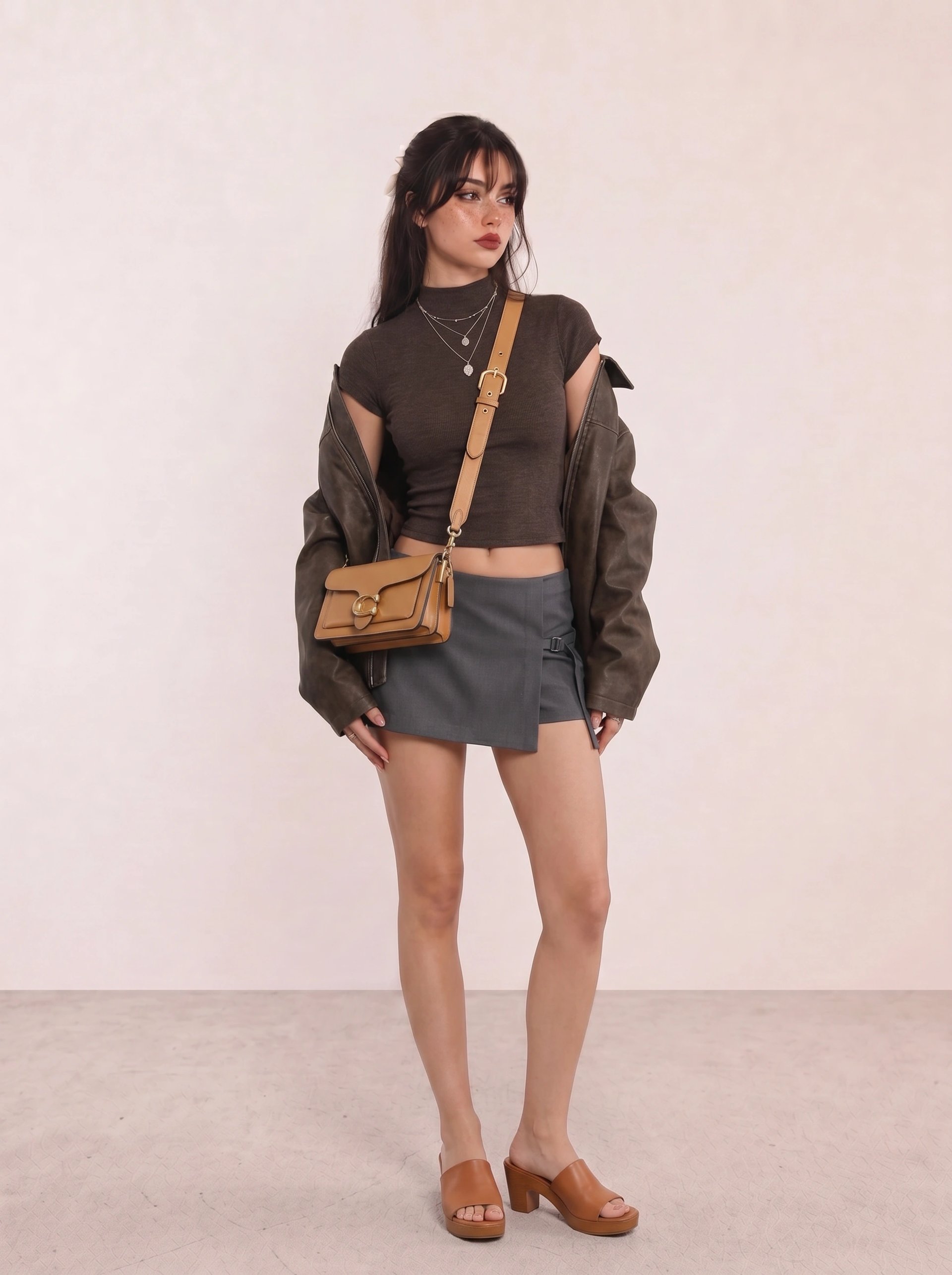 Brown Crop Top, Leather Jacket & Grey Wrap Skirt