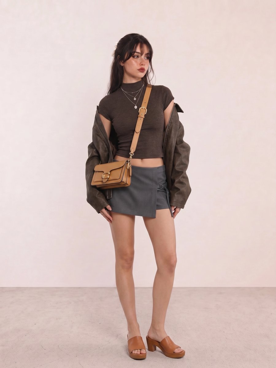 Korean fashion outfit with a brown crop top, khaki leather jacket, grey wrap skirt, and tan mules