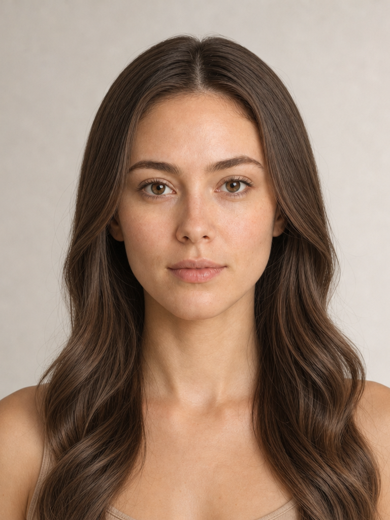 Front view of a woman with sleek straight long layered hair, a hairstyle suited to diamond face shapes