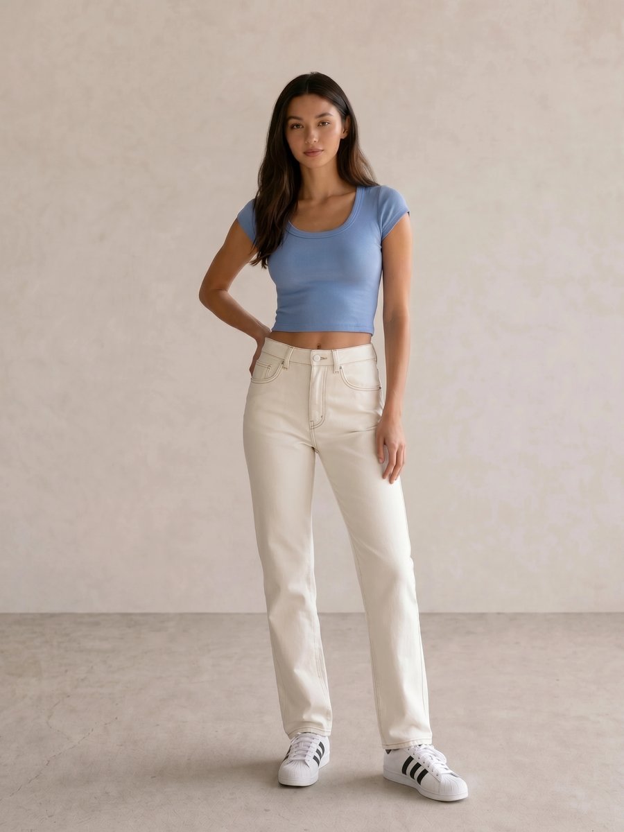 Basic casual outfit with a blue scoop crop tee, cream straight jeans, and white Adidas Superstar sneakers