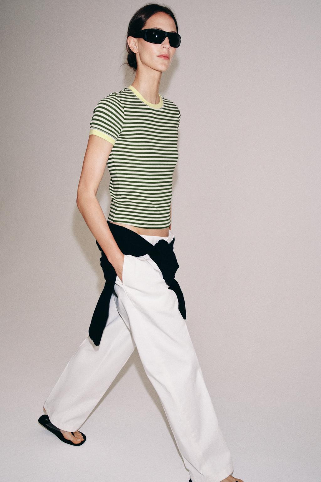 Cream and Green Striped Fitted T-Shirt