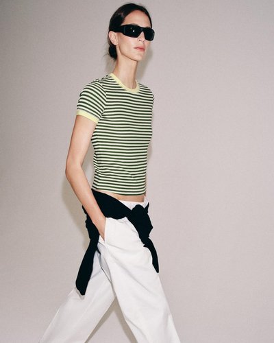 Cream and Green Striped Fitted T-Shirt