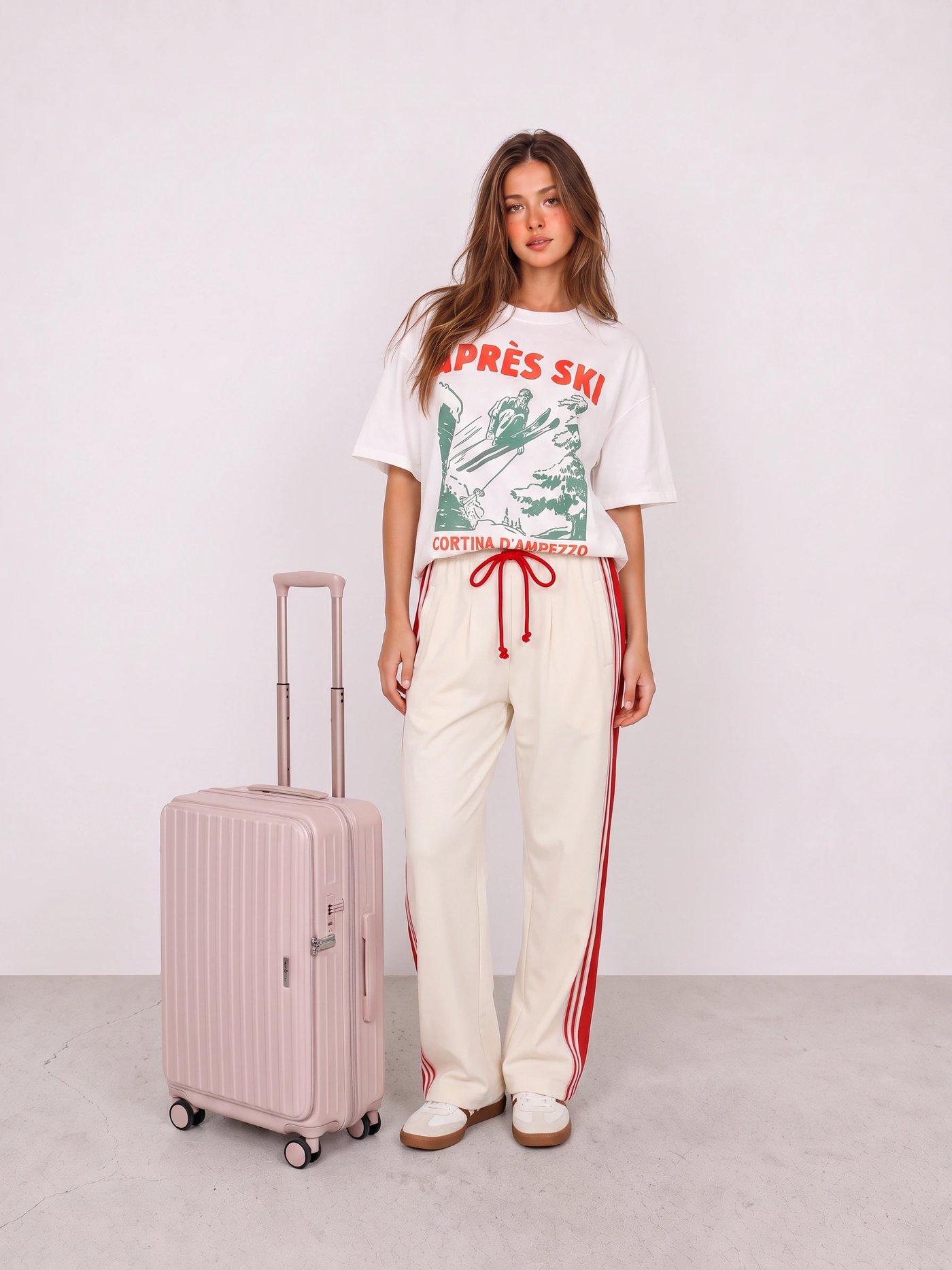 Graphic Tee and Cream Track Pants Airport Outfit