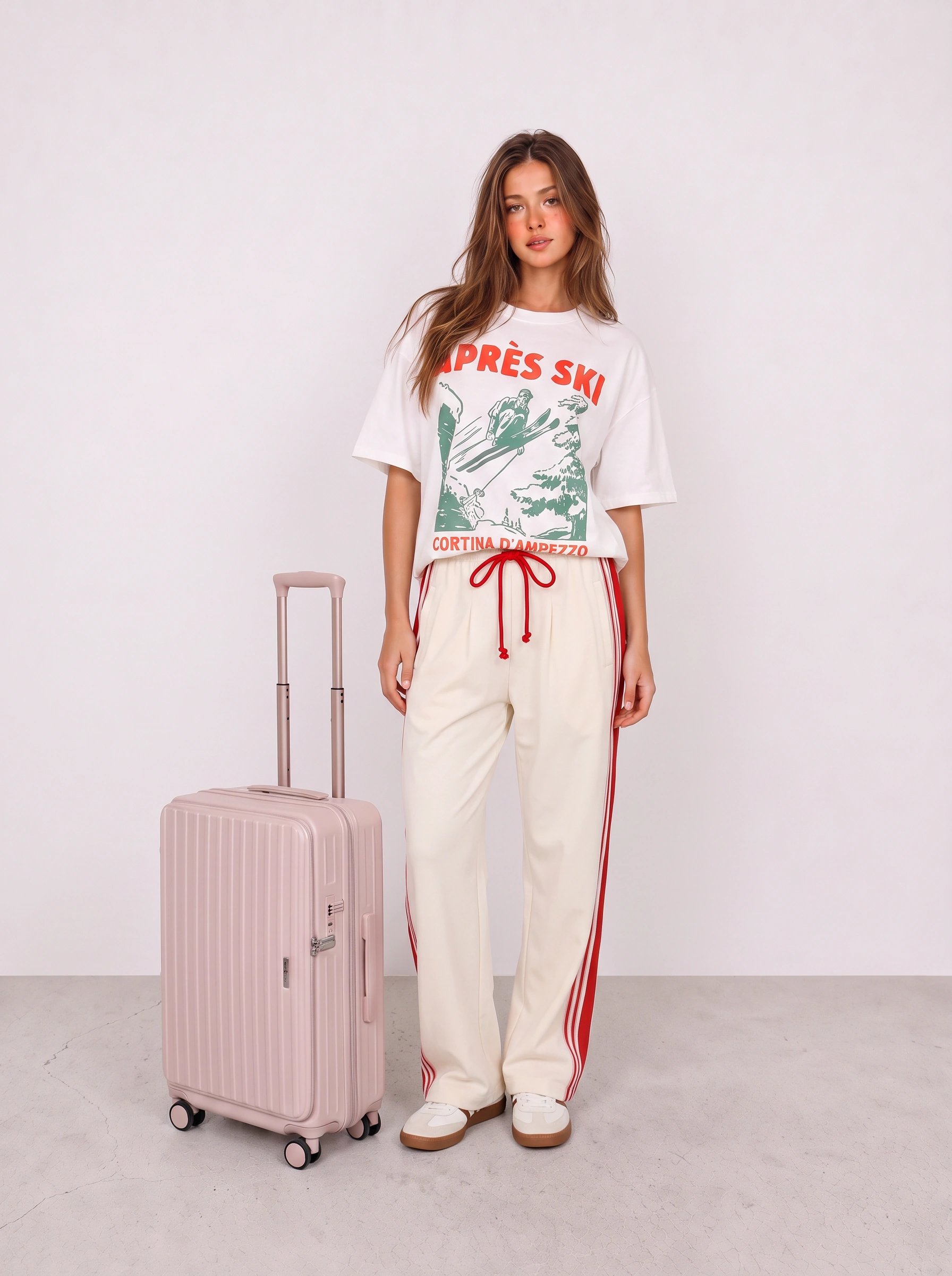 Graphic Tee and Cream Track Pants Airport Outfit