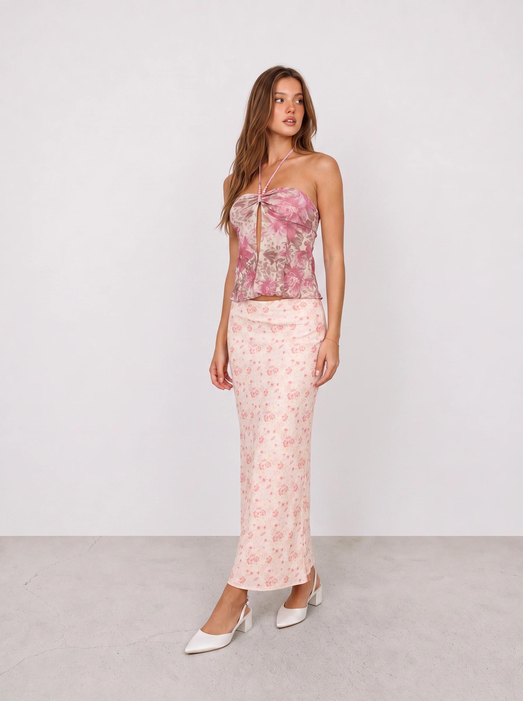 Pink Floral Halter Top and Floral Maxi Skirt Outfit