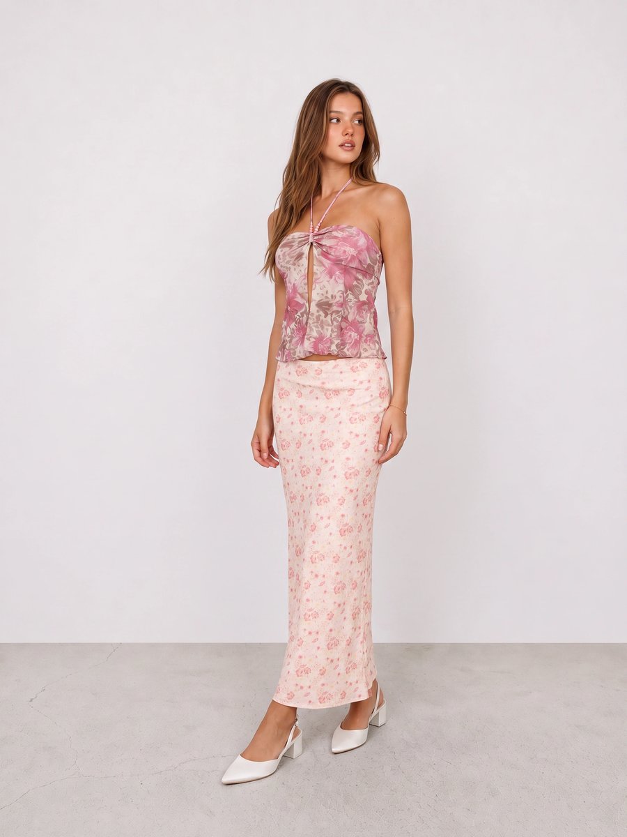 Woman wearing a pink floral halter top, floral maxi skirt, and white slingback heels
