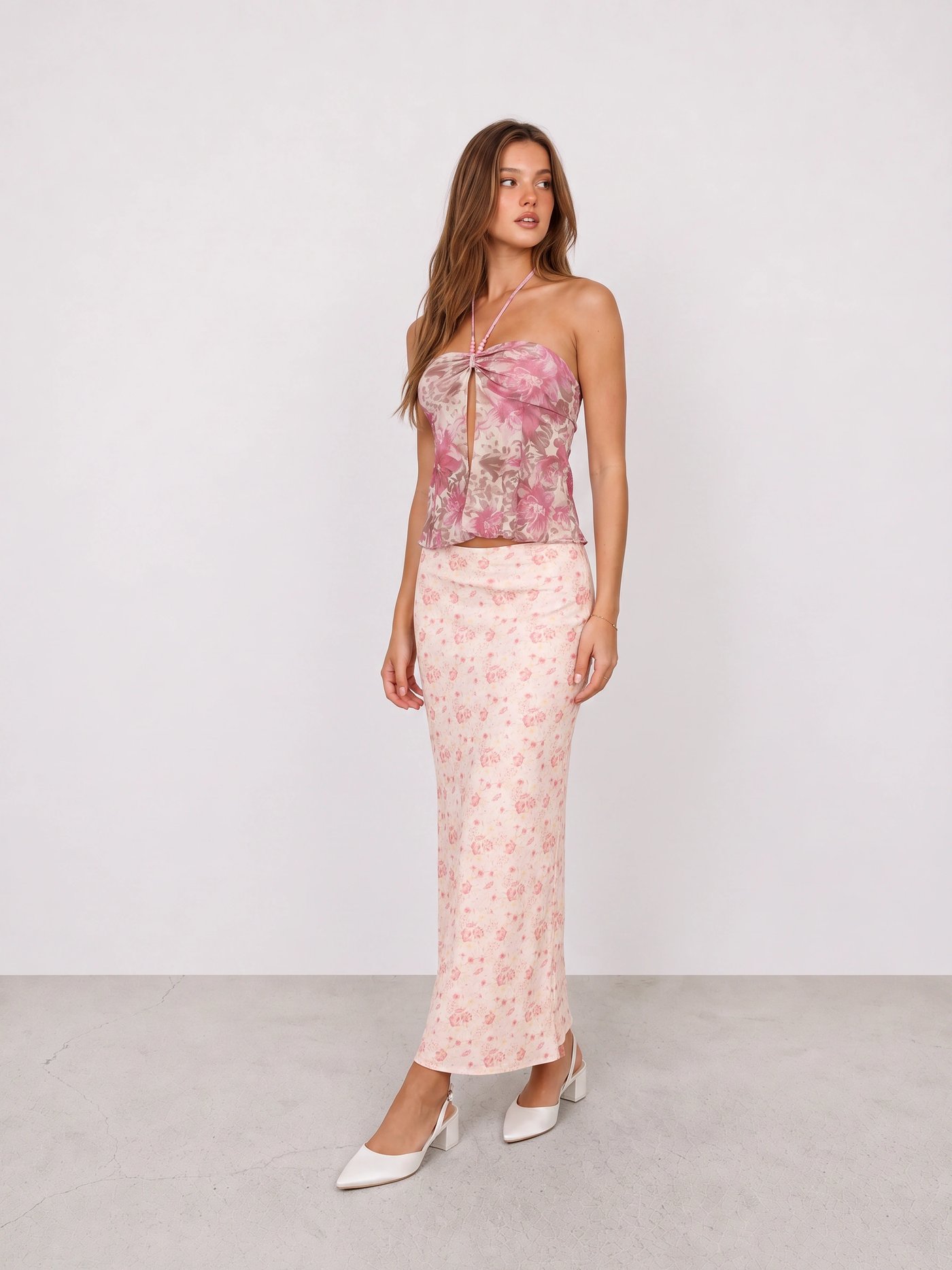 Pink Floral Halter Top and Floral Maxi Skirt Outfit