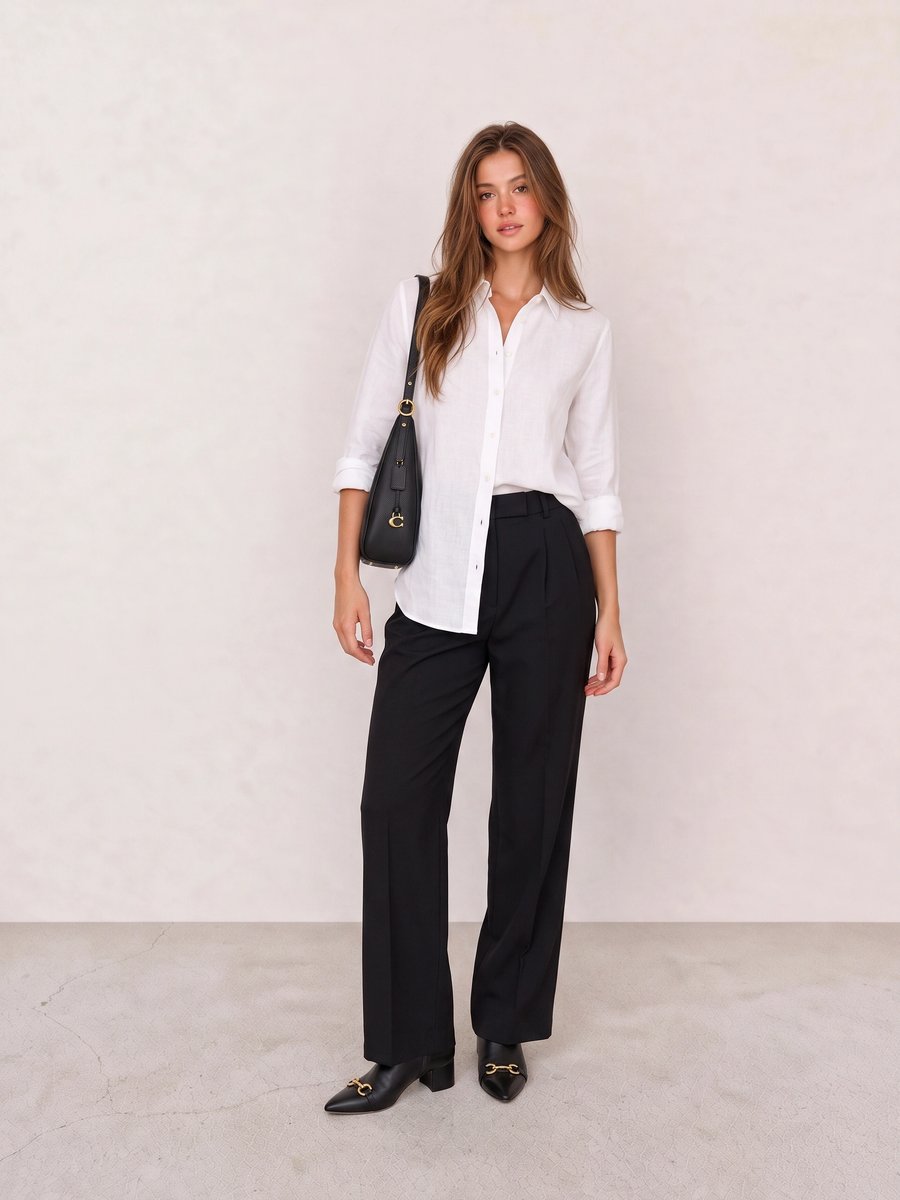 Old money look with white button-down shirt & black tailored trousers and black gold-bit ankle boots