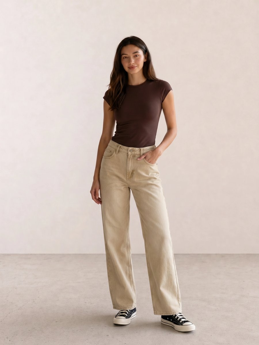 Basic casual outfit with a brown cap-sleeve tee, ecru straight jeans, and black Converse high-tops