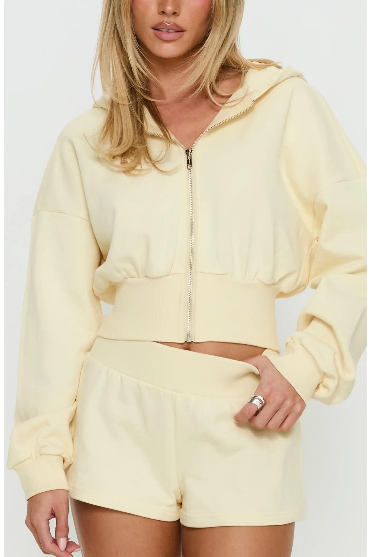 Pale Yellow Cropped Zip Hoodie