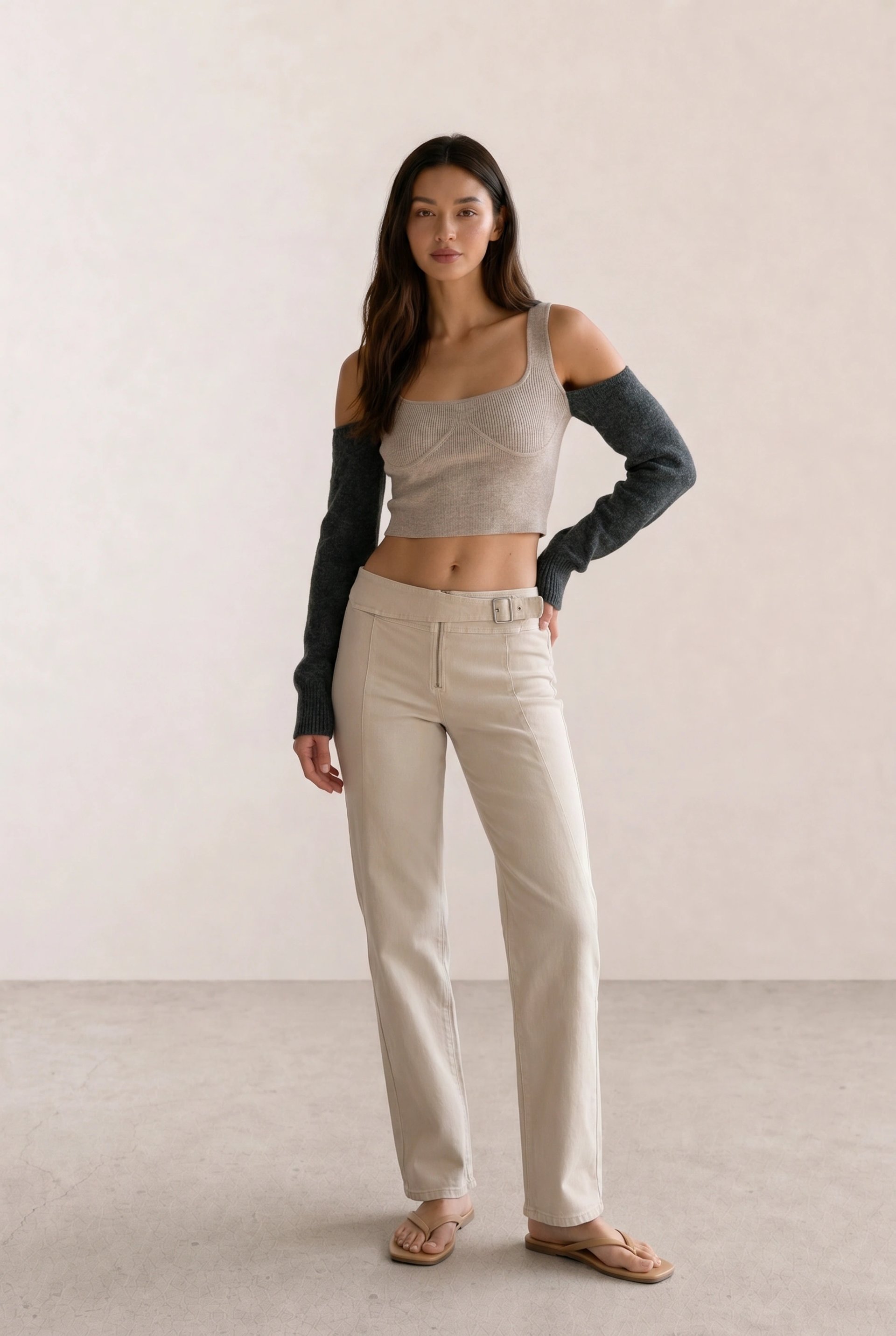 Beige Bustier Knit Top & Cream Trousers