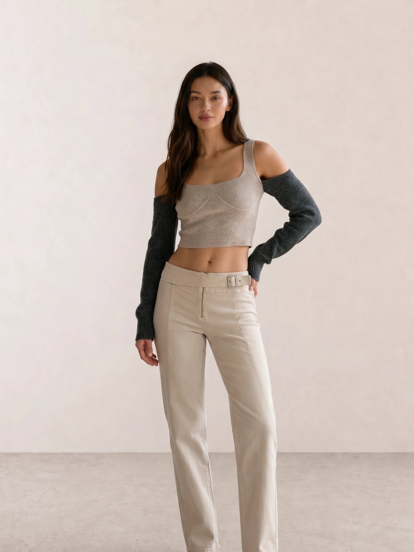 Beige Bustier Knit Top & Cream Trousers