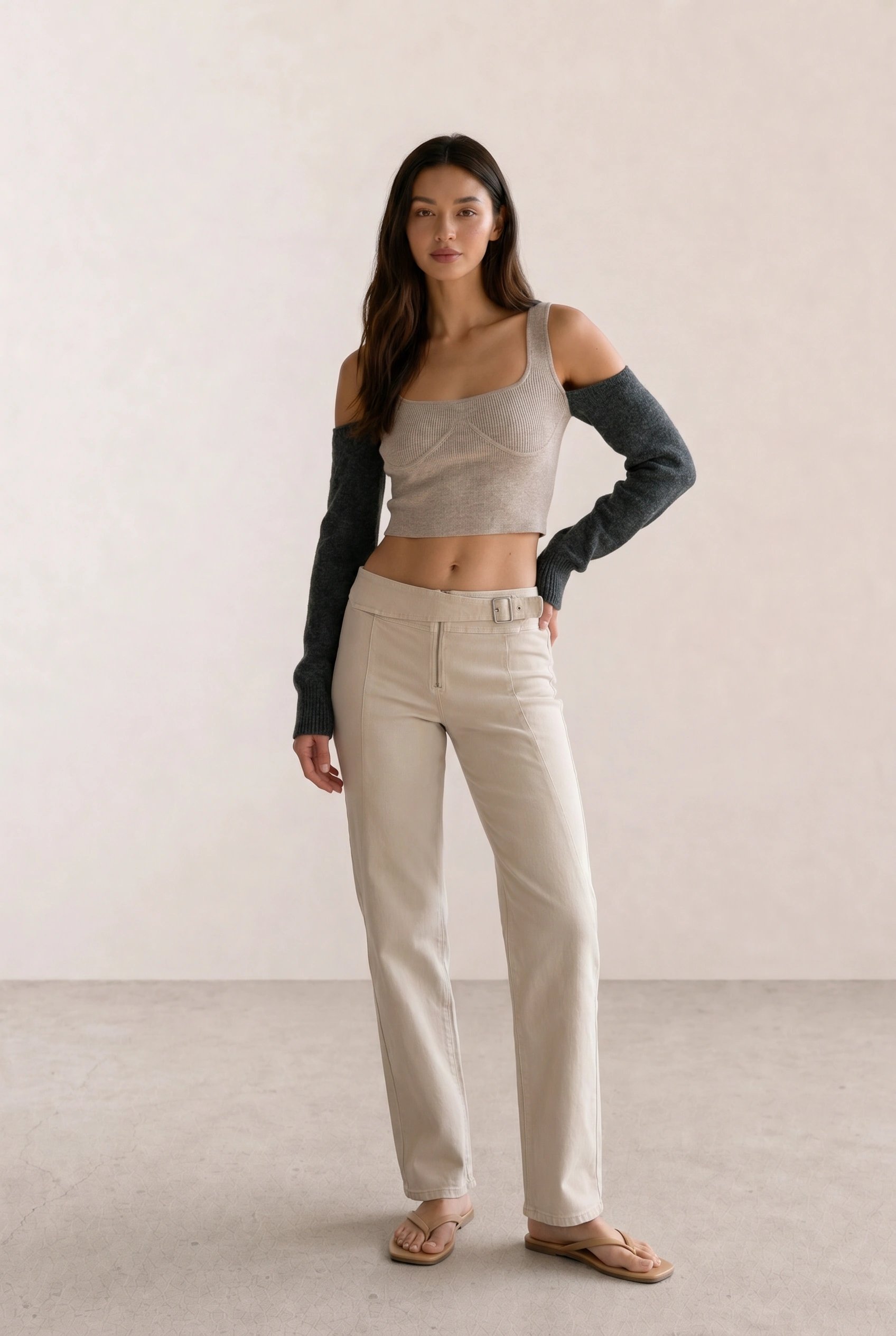 Beige Bustier Knit Top & Cream Trousers