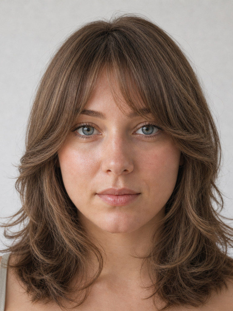 Layered haircut with bangs on a woman with a round face shape, front view